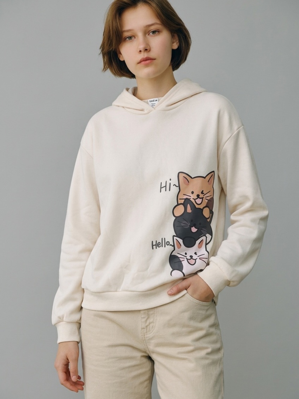 SHEIN Teen Cream Pullover Hoodie with Stacked Cat Print